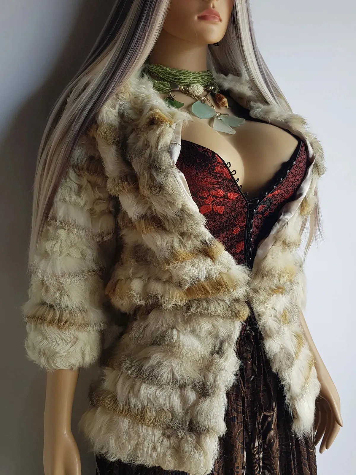1960s Vintage Fox Fur & Curly Lamswool Coat - Very Light with Super Soft Contrasting Layers of Fur - Cream & Caramel Brown Tones - Elbow Length Sleeves