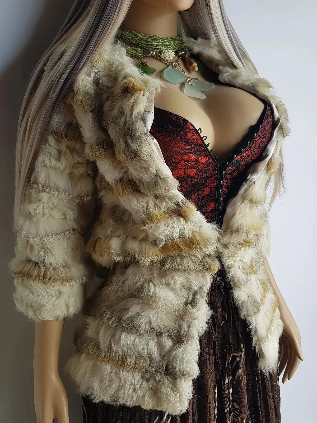 1960s Vintage Fox Fur & Curly Lamswool Coat - Very Light with Super Soft Contrasting Layers of Fur - Cream & Caramel Brown Tones - Elbow Length Sleeves