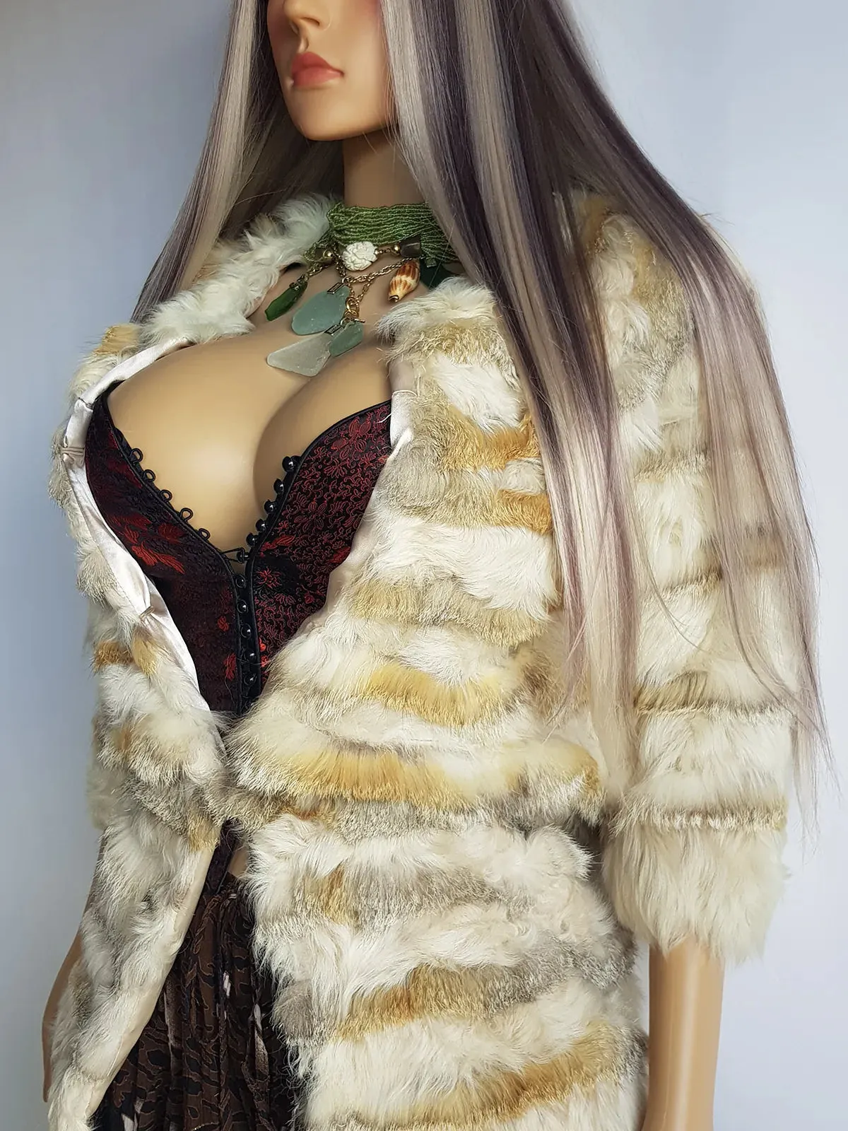 1960s Vintage Fox Fur & Curly Lamswool Coat - Very Light with Super Soft Contrasting Layers of Fur - Cream & Caramel Brown Tones - Elbow Length Sleeves