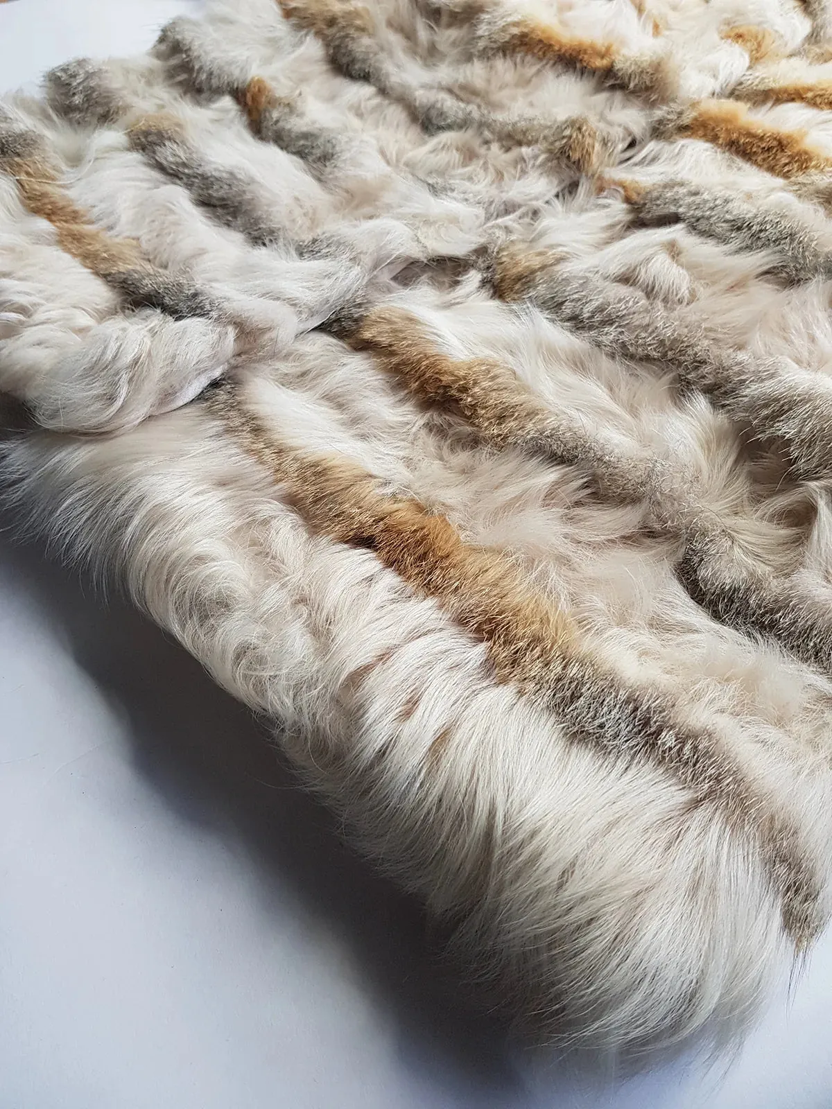 1960s Vintage Fox Fur & Curly Lamswool Coat - Very Light with Super Soft Contrasting Layers of Fur - Cream & Caramel Brown Tones - Elbow Length Sleeves
