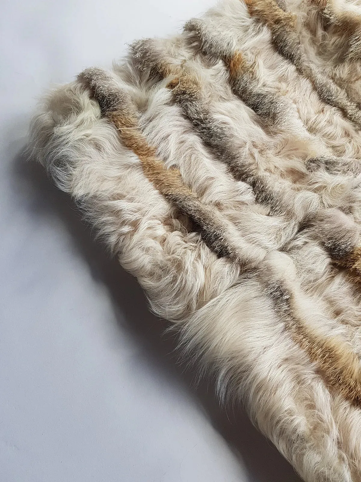 1960s Vintage Fox Fur & Curly Lamswool Coat - Very Light with Super Soft Contrasting Layers of Fur - Cream & Caramel Brown Tones - Elbow Length Sleeves