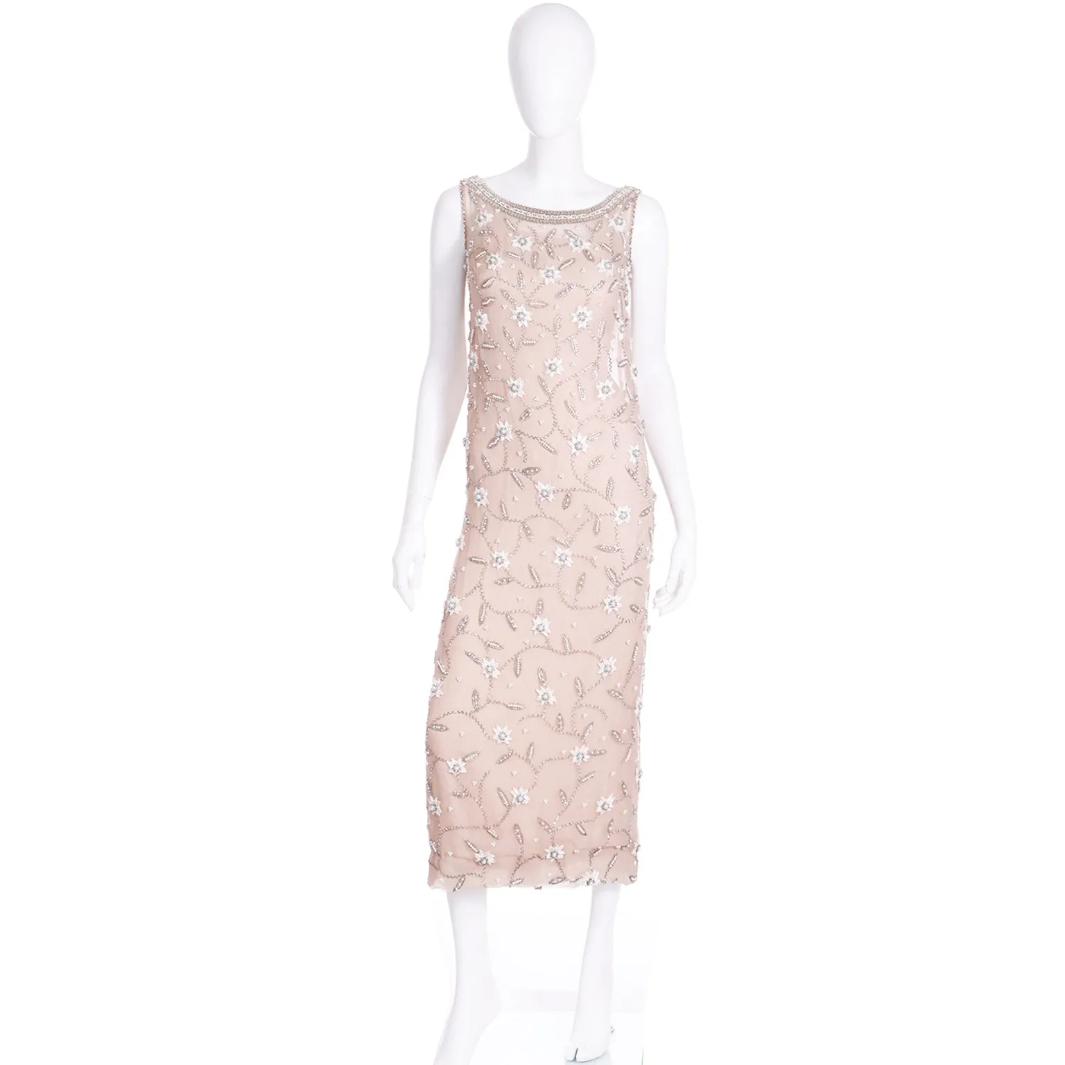 1970s Victoria Royal Beaded Champagne Neutral Vintage Evening Dress