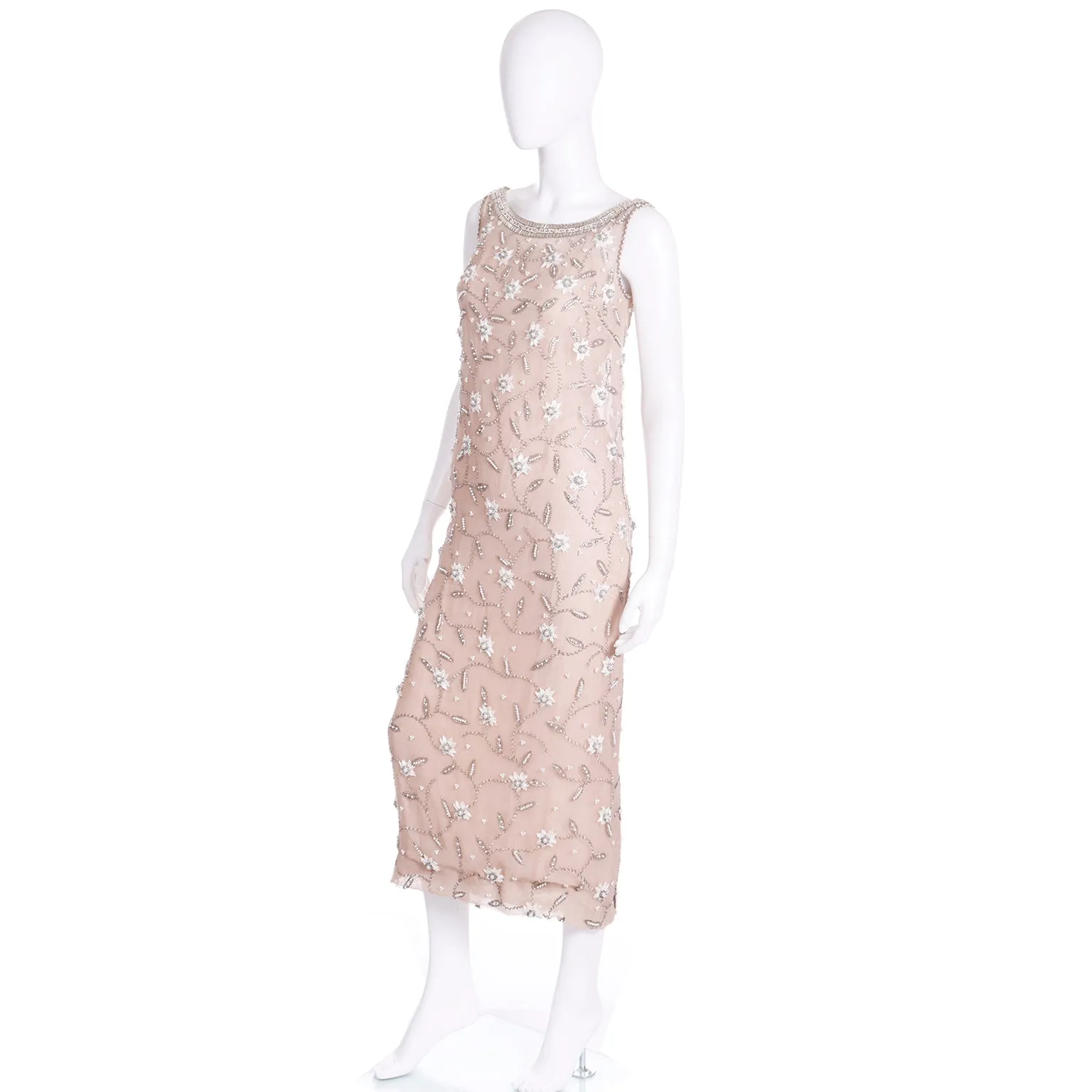 1970s Victoria Royal Beaded Champagne Neutral Vintage Evening Dress