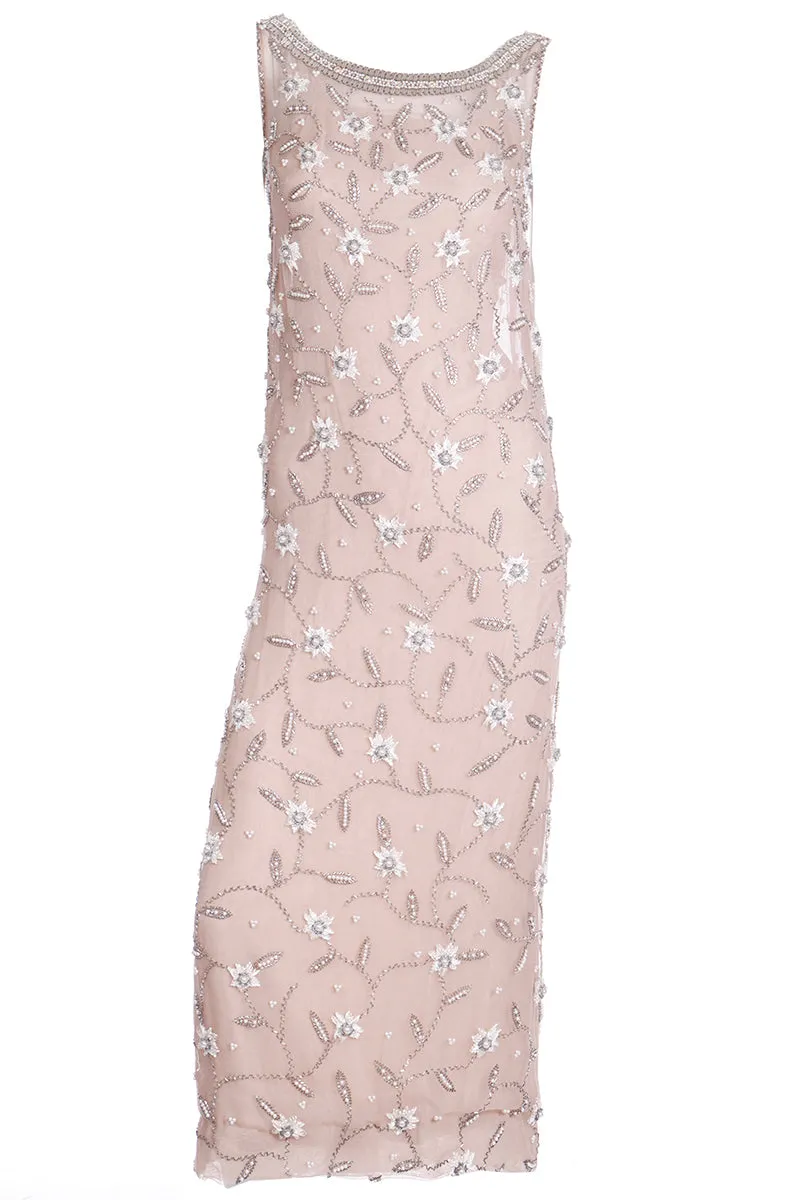 1970s Victoria Royal Beaded Champagne Neutral Vintage Evening Dress