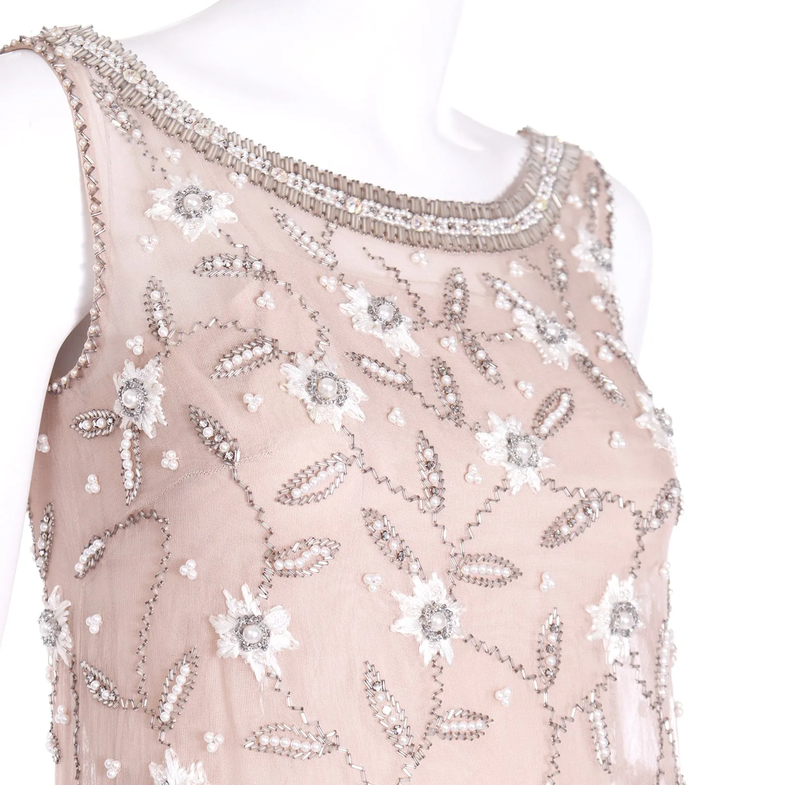 1970s Victoria Royal Beaded Champagne Neutral Vintage Evening Dress