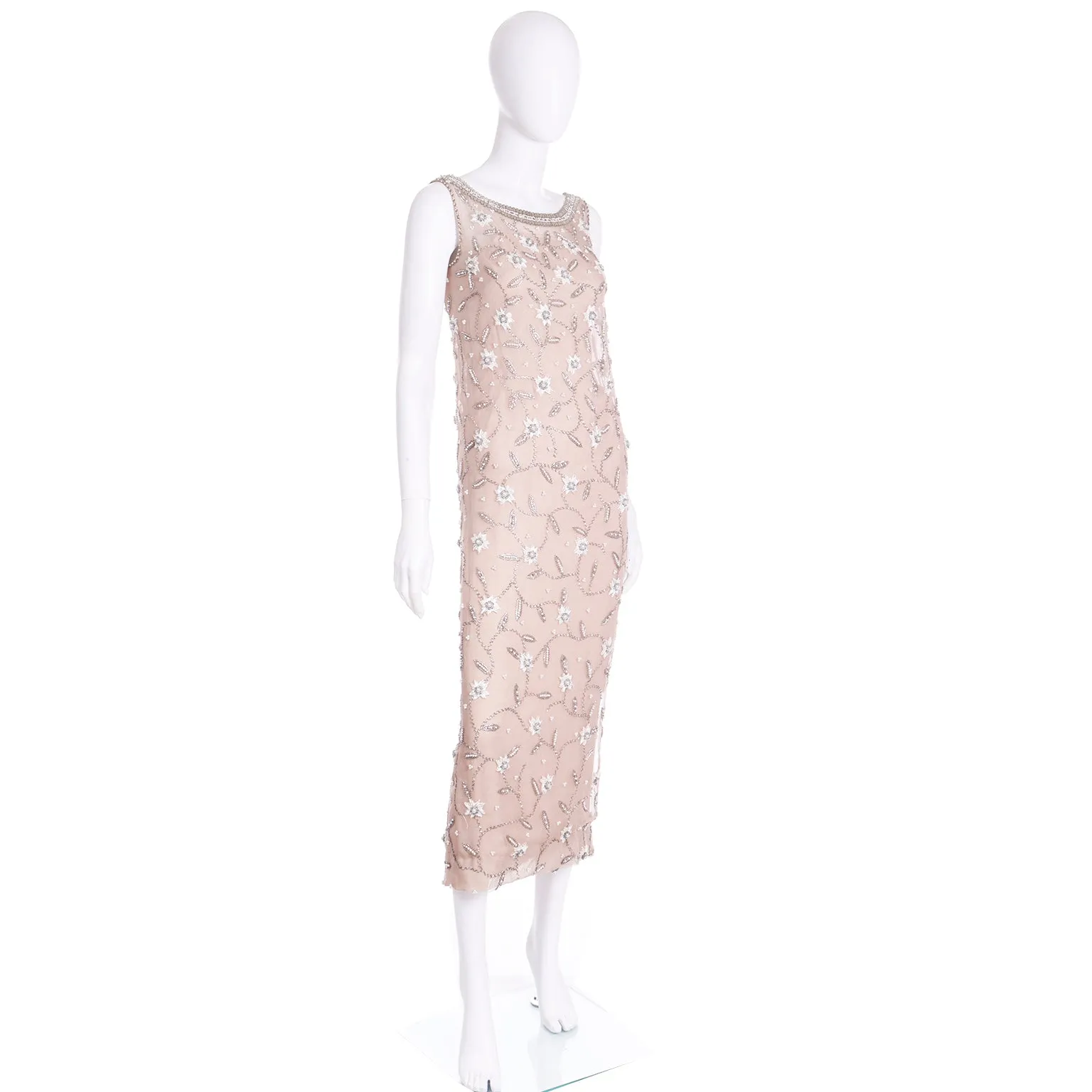 1970s Victoria Royal Beaded Champagne Neutral Vintage Evening Dress