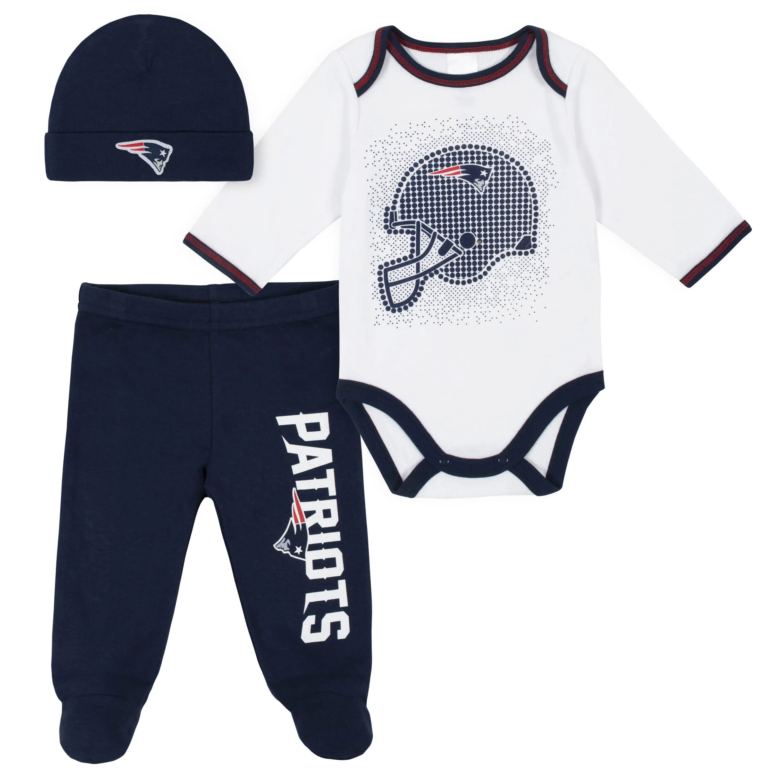 3-Piece Baby Boys New England Patriots Bodysuit, Footed Pant, and Cap Set