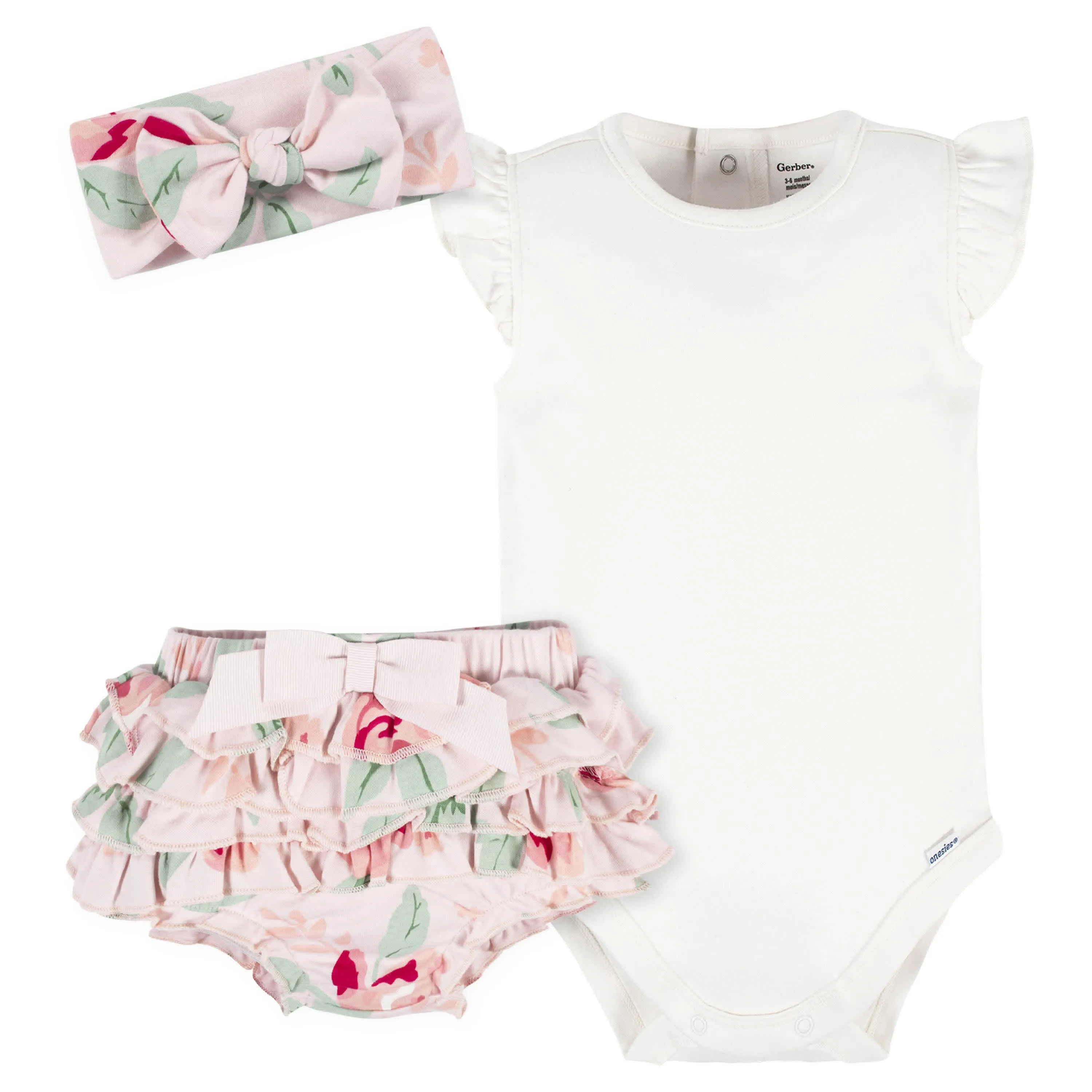 3-Piece Baby Girls Pink Garden Onesies® Bodysuit, Diaper Cover & Headband Set
