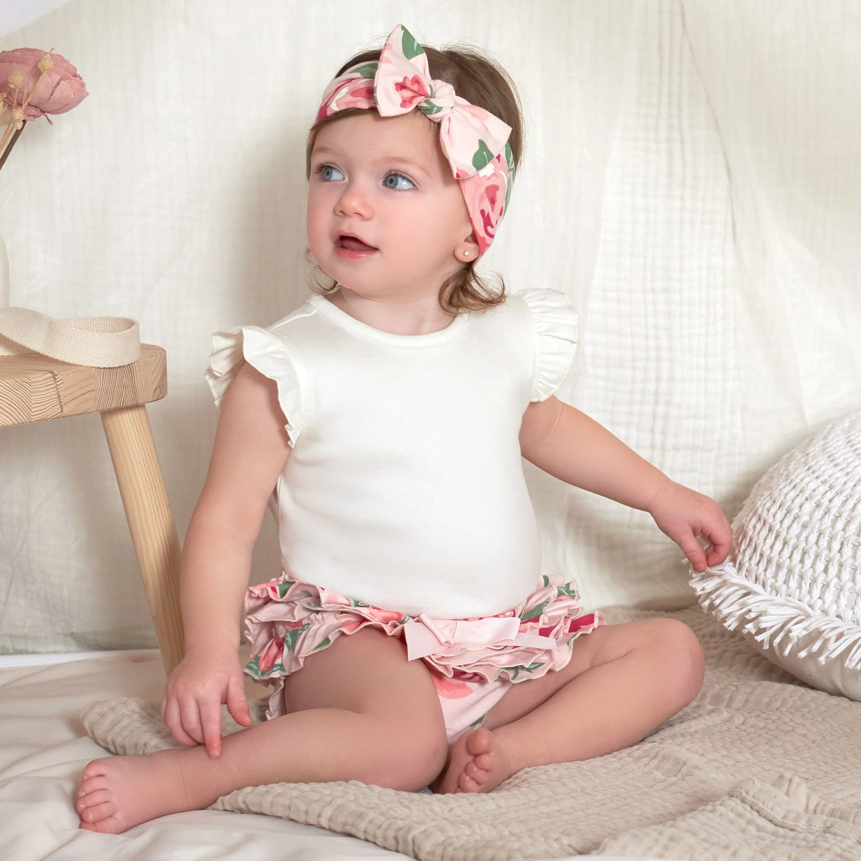 3-Piece Baby Girls Pink Garden Onesies® Bodysuit, Diaper Cover & Headband Set