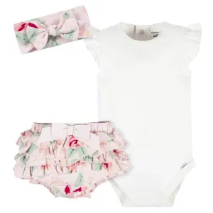 3-Piece Baby Girls Pink Garden Onesies® Bodysuit, Diaper Cover & Headband Set