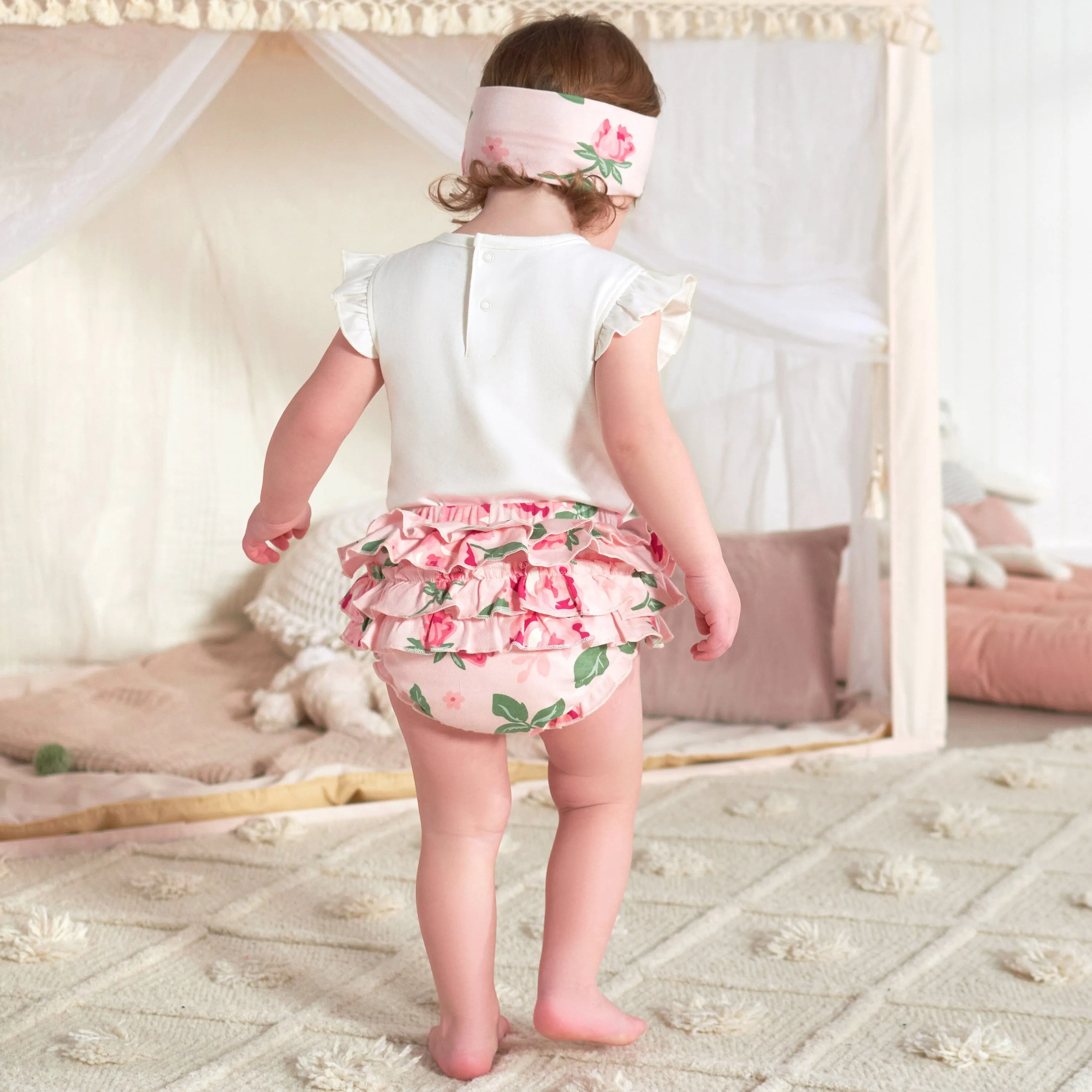 3-Piece Baby Girls Pink Garden Onesies® Bodysuit, Diaper Cover & Headband Set