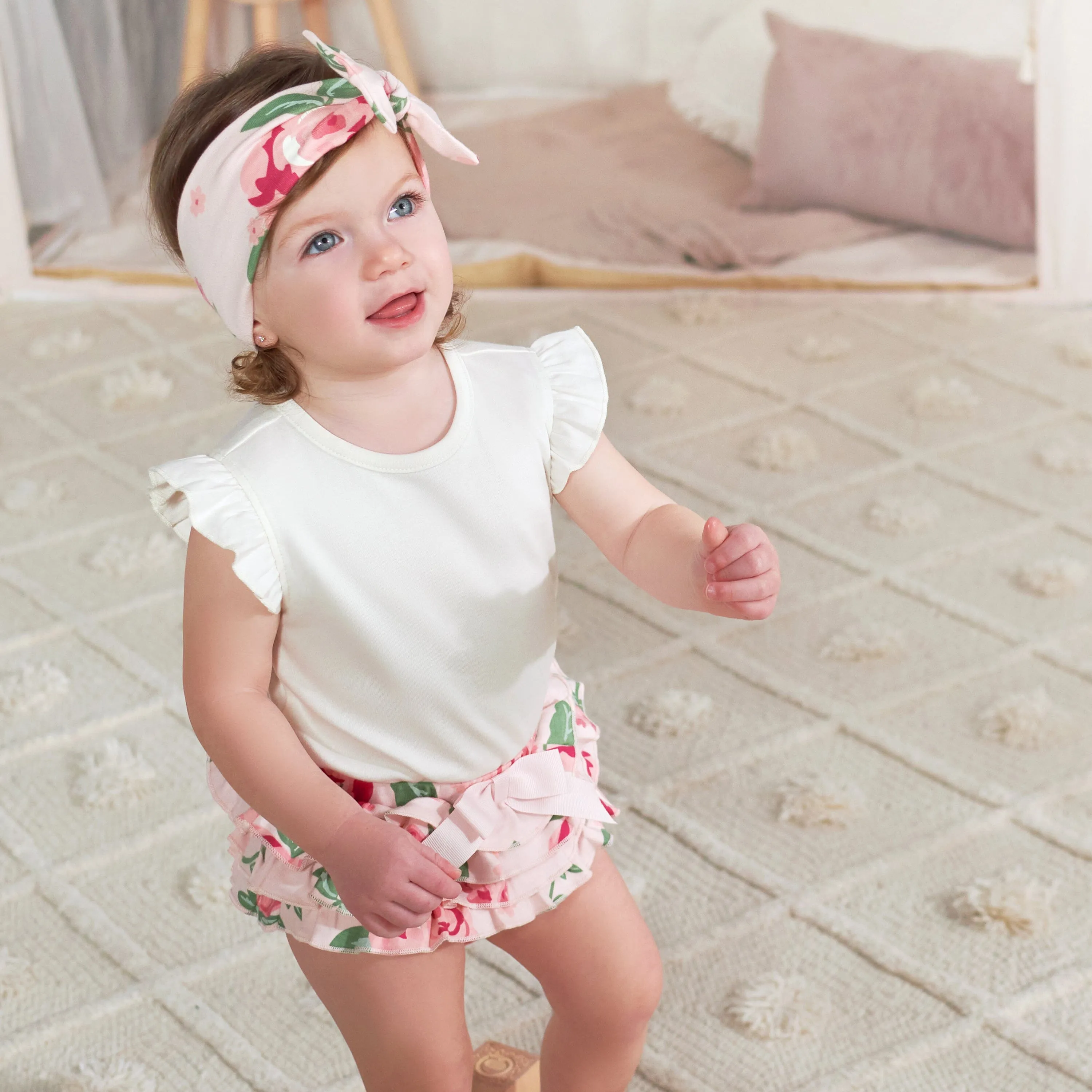 3-Piece Baby Girls Pink Garden Onesies® Bodysuit, Diaper Cover & Headband Set
