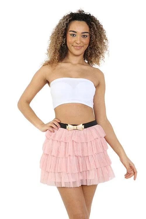 Adults 2 Layers Pink Bow Belt Mesh Tiered Tutu Skirt Ladies Dancewear 1980’s Fancy Dress
