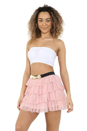 Adults 2 Layers Pink Bow Belt Mesh Tiered Tutu Skirt Ladies Dancewear 1980’s Fancy Dress