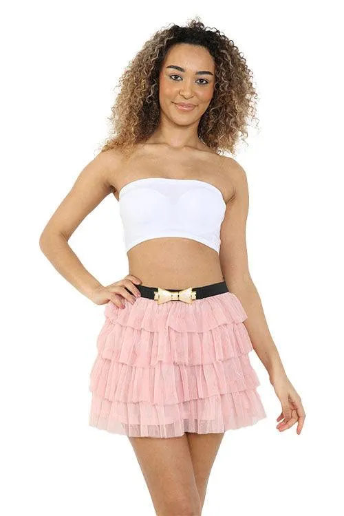 Adults 2 Layers Pink Bow Belt Mesh Tiered Tutu Skirt Ladies Dancewear 1980’s Fancy Dress