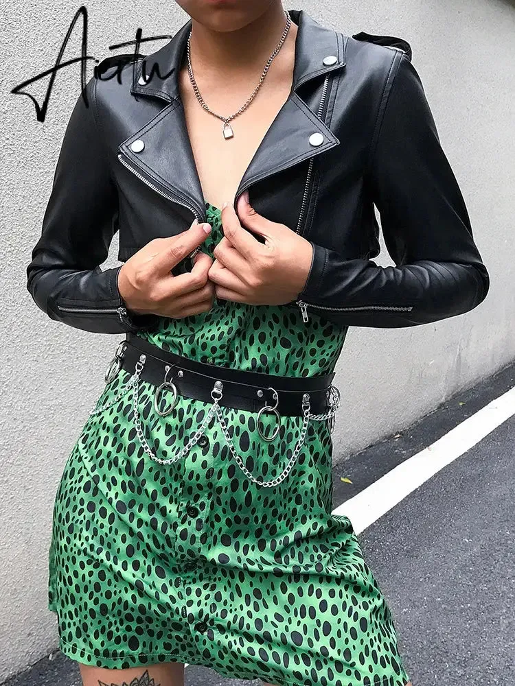 Aiertu  Casual Leather Cropped Jacket Women Long Sleeve Short Coat Streetwear Black Basic Jacket Female Harajuku Autumn