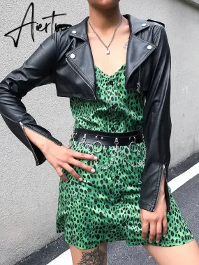 Aiertu  Casual Leather Cropped Jacket Women Long Sleeve Short Coat Streetwear Black Basic Jacket Female Harajuku Autumn