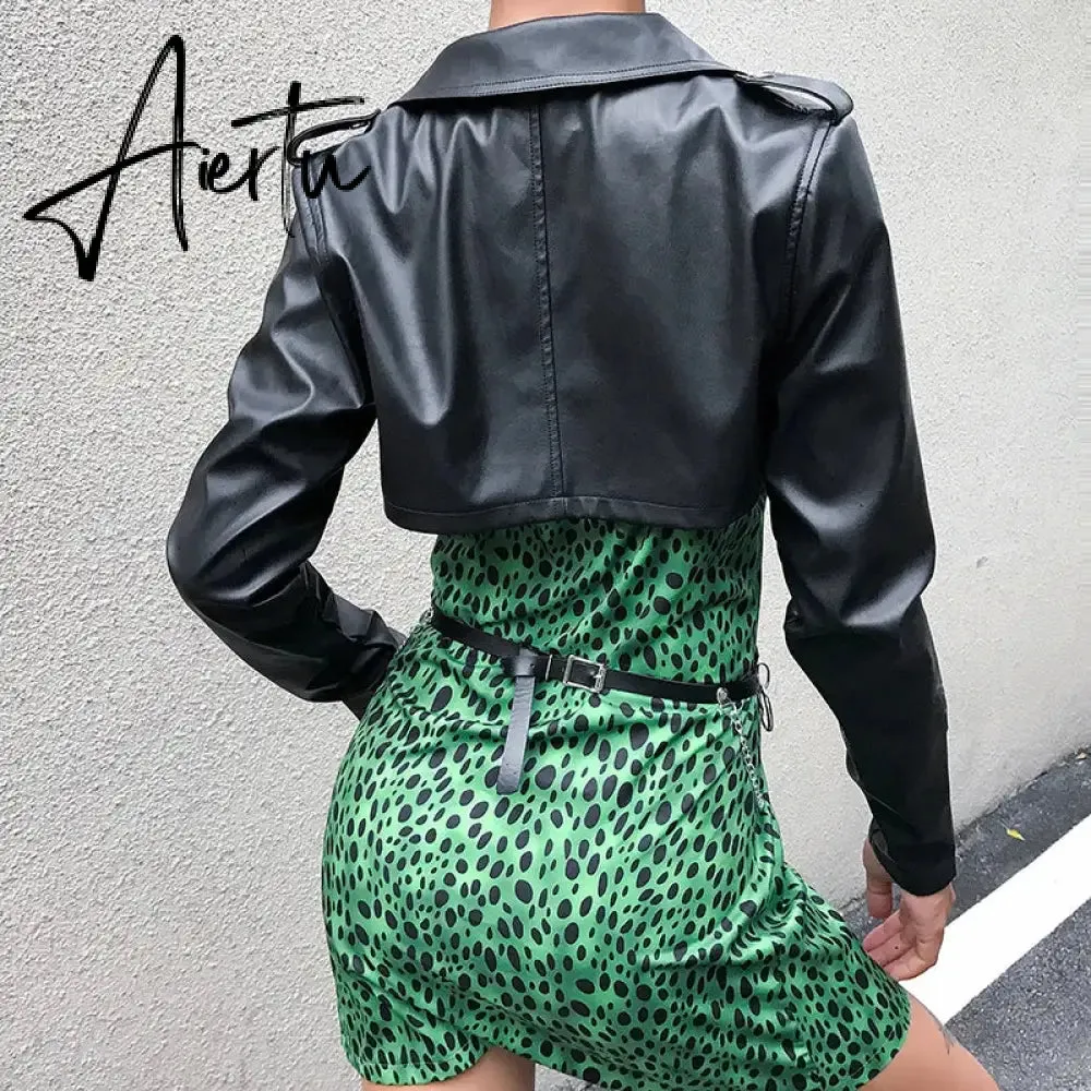 Aiertu  Casual Leather Cropped Jacket Women Long Sleeve Short Coat Streetwear Black Basic Jacket Female Harajuku Autumn
