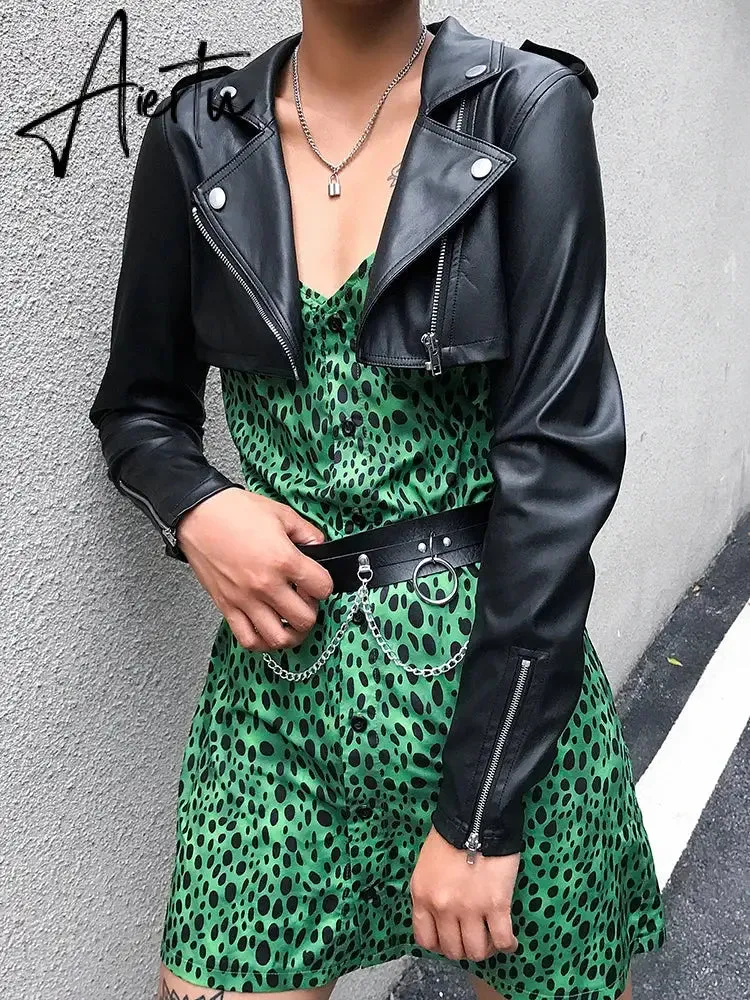 Aiertu  Casual Leather Cropped Jacket Women Long Sleeve Short Coat Streetwear Black Basic Jacket Female Harajuku Autumn