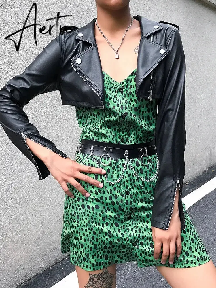 Aiertu  Casual Leather Cropped Jacket Women Long Sleeve Short Coat Streetwear Black Basic Jacket Female Harajuku Autumn