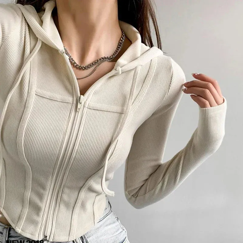 Aiertu Thin Hooded Cardigan Women Korean Vintage Slim Summer Solid Sports Jacket Vertical Pit Stripe Zipper Female Sexy Cropped Tops