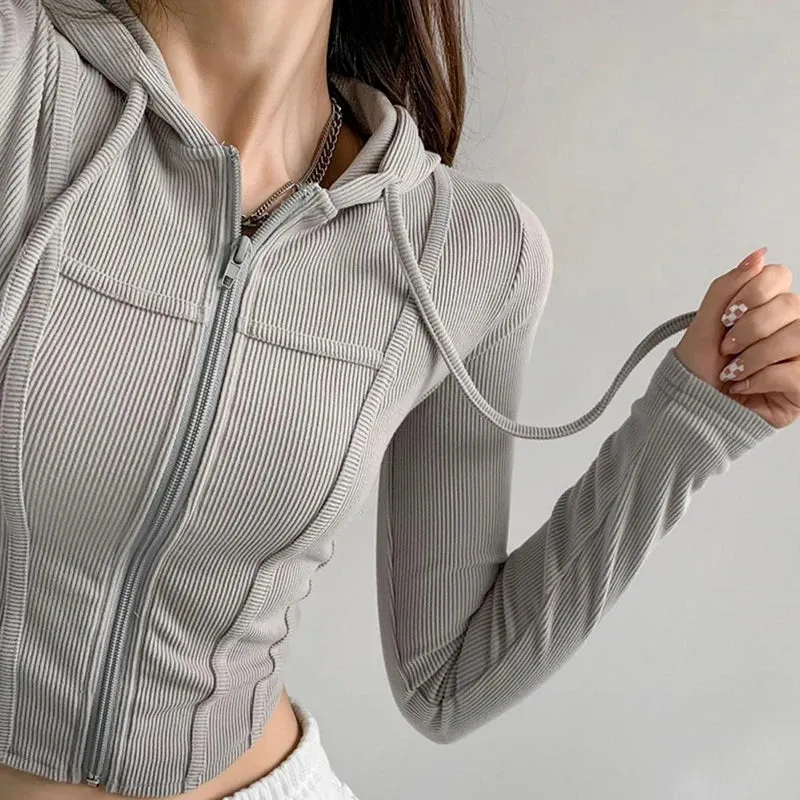 Aiertu Thin Hooded Cardigan Women Korean Vintage Slim Summer Solid Sports Jacket Vertical Pit Stripe Zipper Female Sexy Cropped Tops