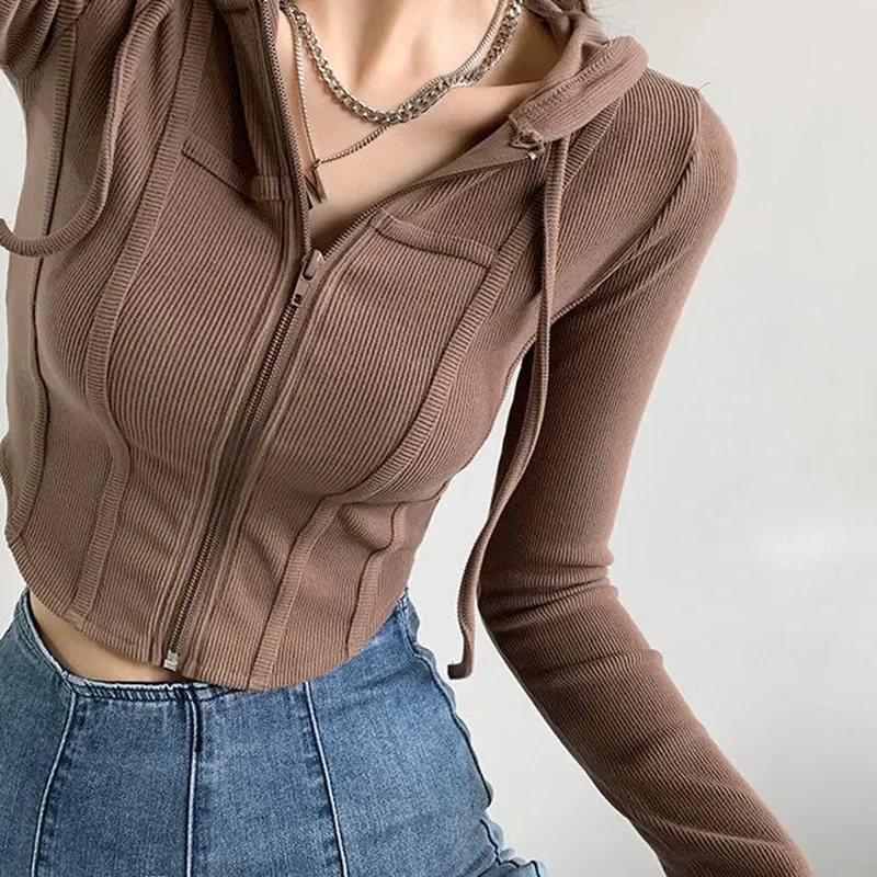Aiertu Thin Hooded Cardigan Women Korean Vintage Slim Summer Solid Sports Jacket Vertical Pit Stripe Zipper Female Sexy Cropped Tops