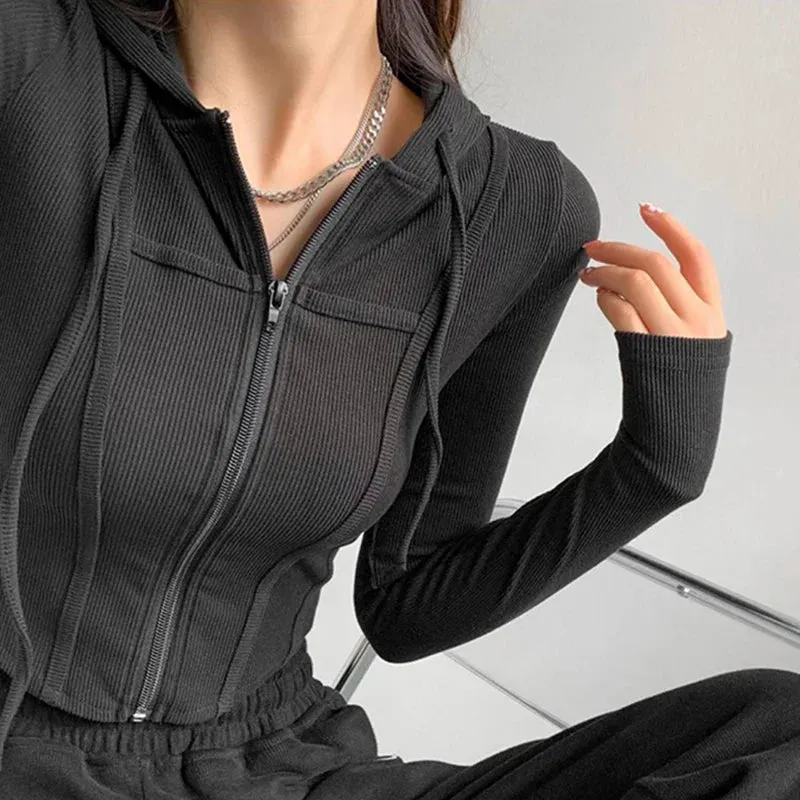 Aiertu Thin Hooded Cardigan Women Korean Vintage Slim Summer Solid Sports Jacket Vertical Pit Stripe Zipper Female Sexy Cropped Tops
