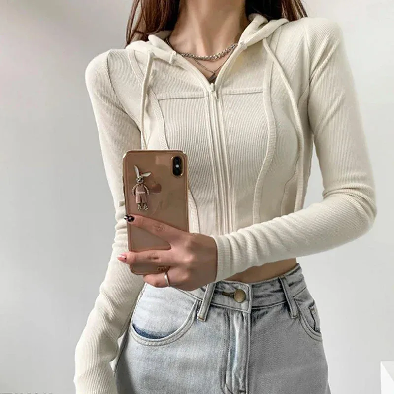 Aiertu Thin Hooded Cardigan Women Korean Vintage Slim Summer Solid Sports Jacket Vertical Pit Stripe Zipper Female Sexy Cropped Tops
