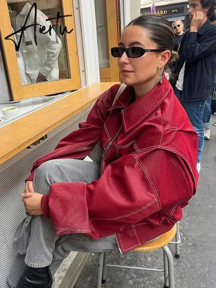 Aiertu Women Red Lapel Zipper Leather Cropped Coat Autumn Casual Long Sleeve Patchwork Jacket Winter Fashion New Office Streetwear