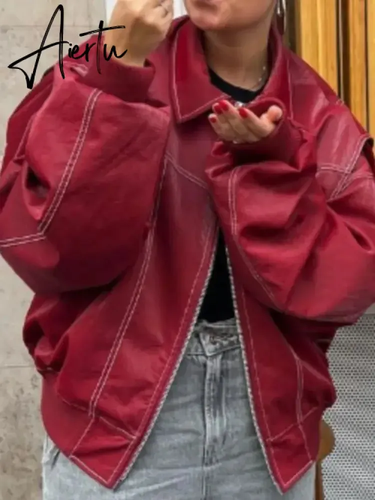 Aiertu Women Red Lapel Zipper Leather Cropped Coat Autumn Casual Long Sleeve Patchwork Jacket Winter Fashion New Office Streetwear