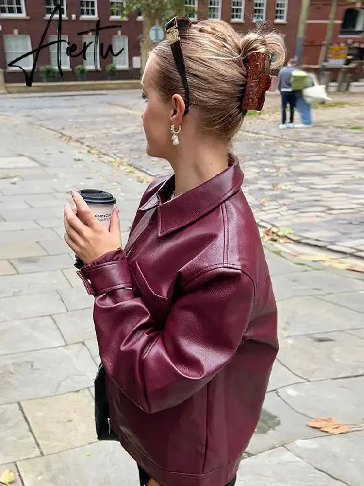 Aiertu Women Red Lapel Zipper Leather Cropped Coat Autumn Casual Long Sleeve Patchwork Jacket Winter Fashion New Office Streetwear