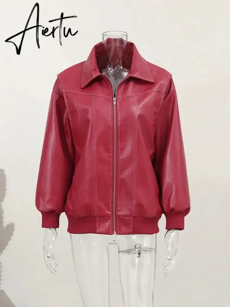 Aiertu Women Red Lapel Zipper Leather Cropped Coat Autumn Casual Long Sleeve Patchwork Jacket Winter Fashion New Office Streetwear
