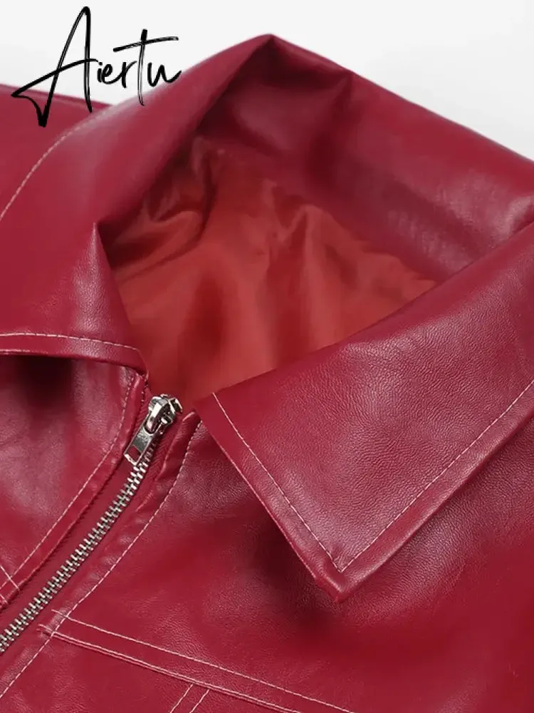 Aiertu Women Red Lapel Zipper Leather Cropped Coat Autumn Casual Long Sleeve Patchwork Jacket Winter Fashion New Office Streetwear