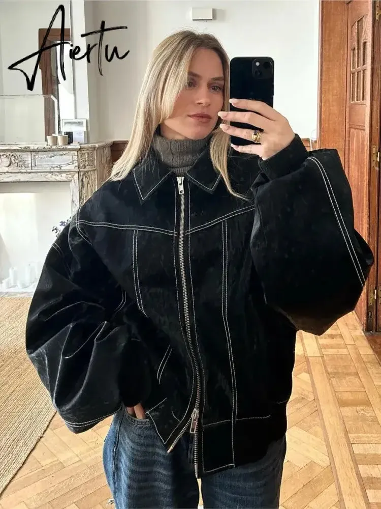 Aiertu Women Red Lapel Zipper Leather Cropped Coat Autumn Casual Long Sleeve Patchwork Jacket Winter Fashion New Office Streetwear