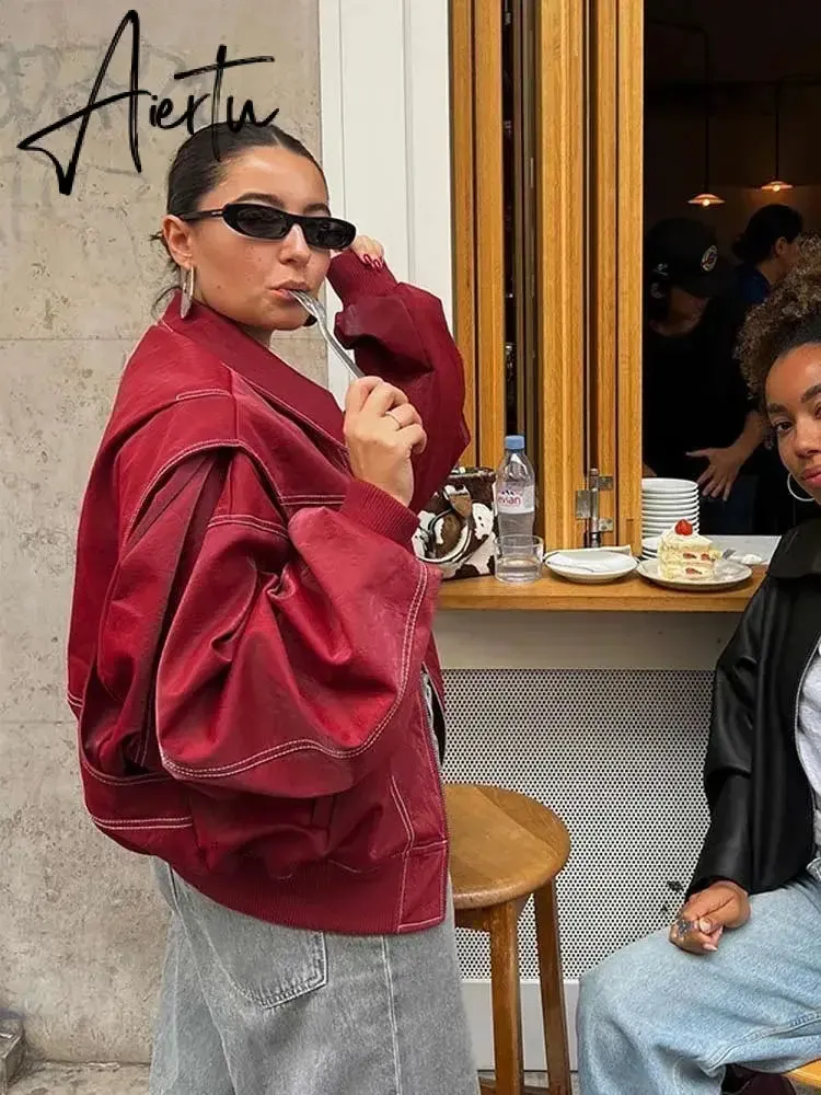 Aiertu Women Red Lapel Zipper Leather Cropped Coat Autumn Casual Long Sleeve Patchwork Jacket Winter Fashion New Office Streetwear
