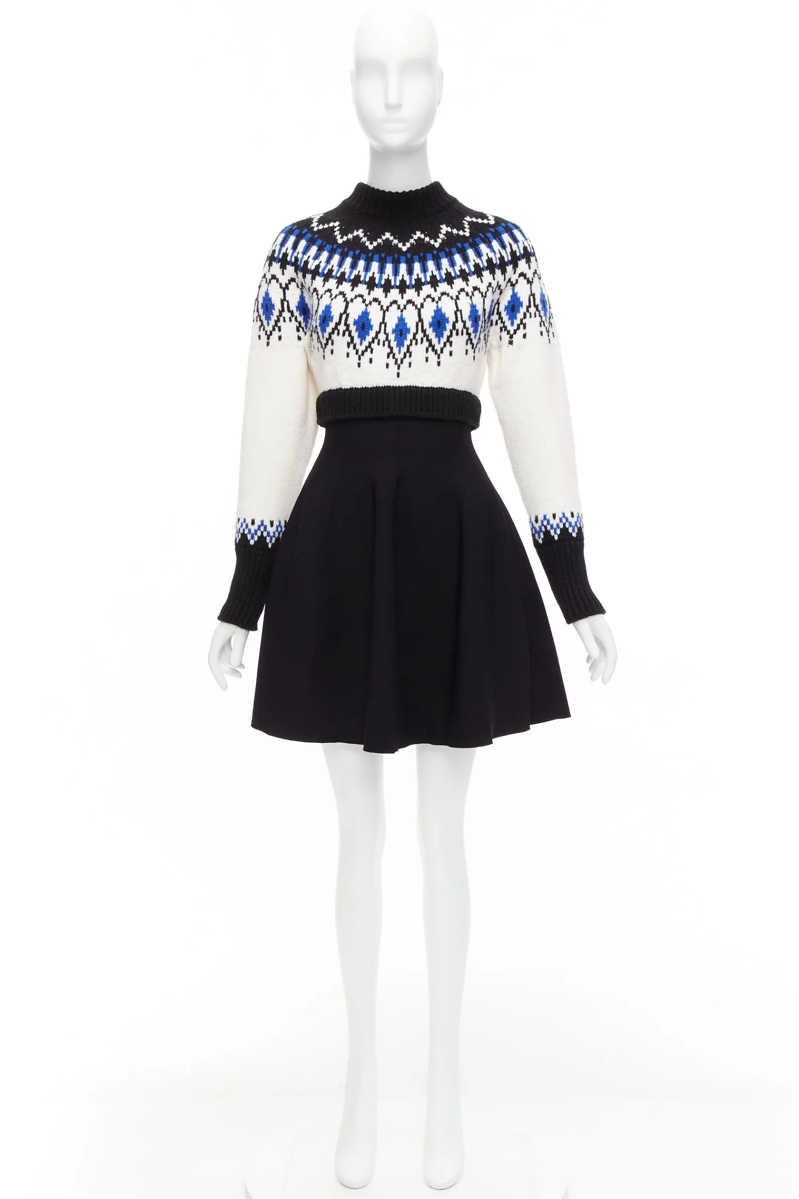 ALEXANDER MCQUEEN 2022 100%wool blue black fairisle long sleeve sweater dress XS