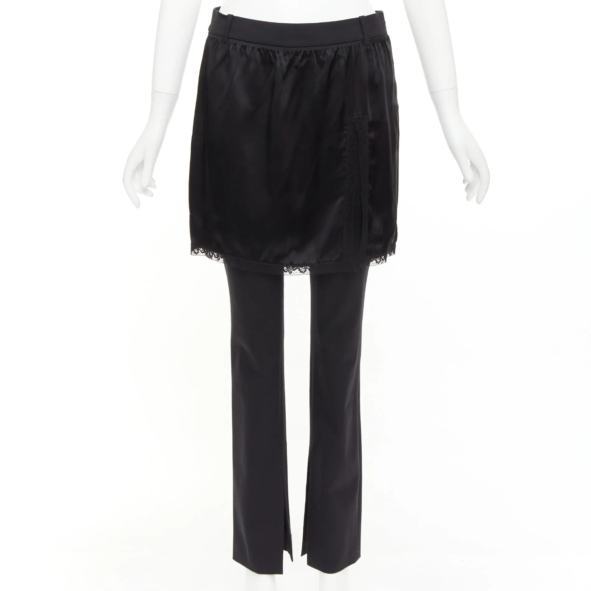 ALEXANDER WANG black satin lace skirt overlay layered trousers pants US2 S