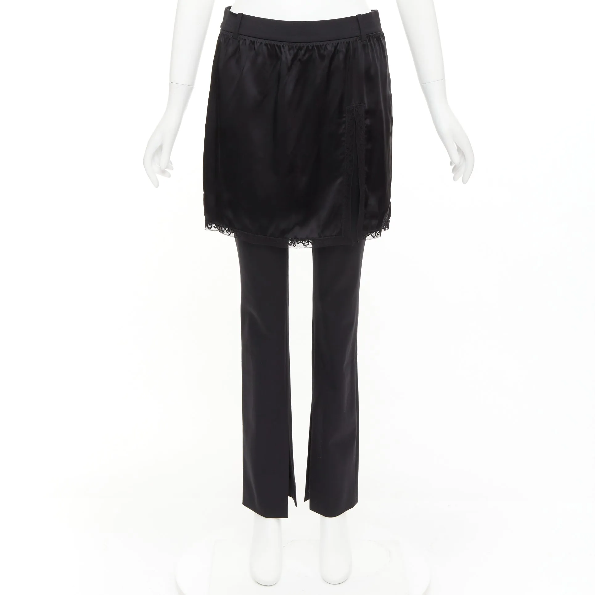 ALEXANDER WANG black satin lace skirt overlay layered trousers pants US2 S