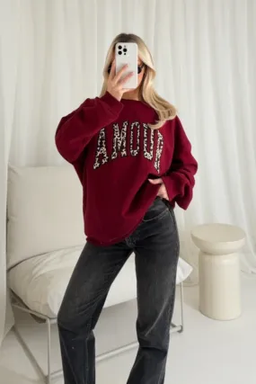 Amour burgundy embroidered leopard sweater