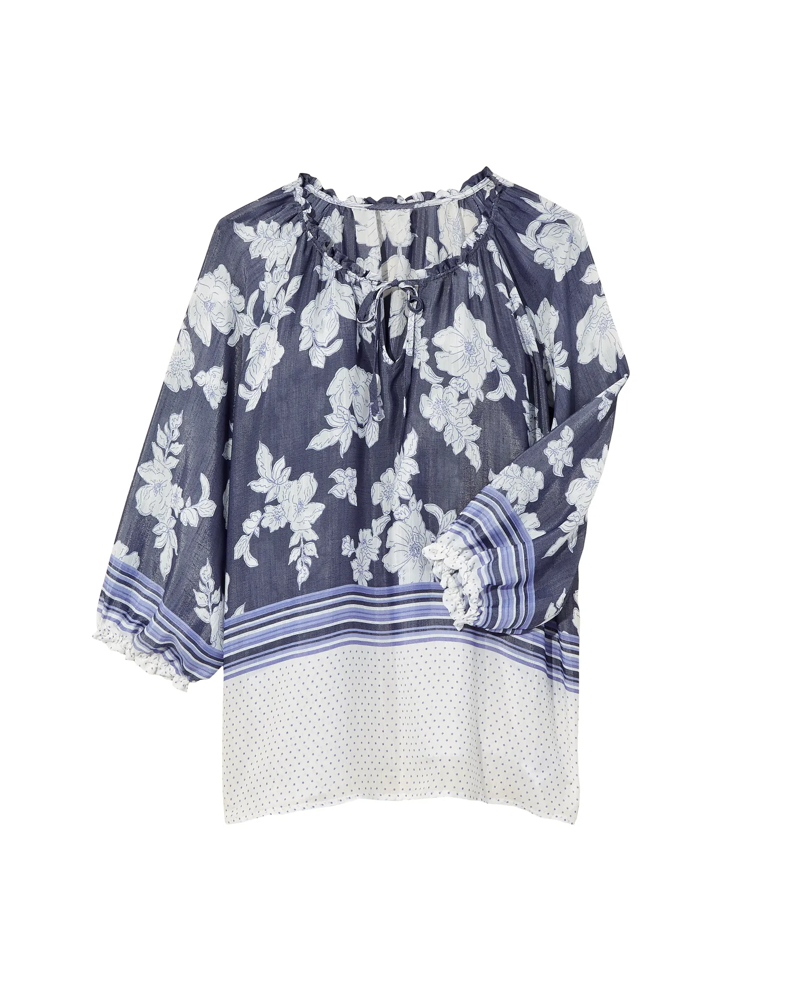 Anita Tie Neck Peasant Blouse | Azure Blue / White