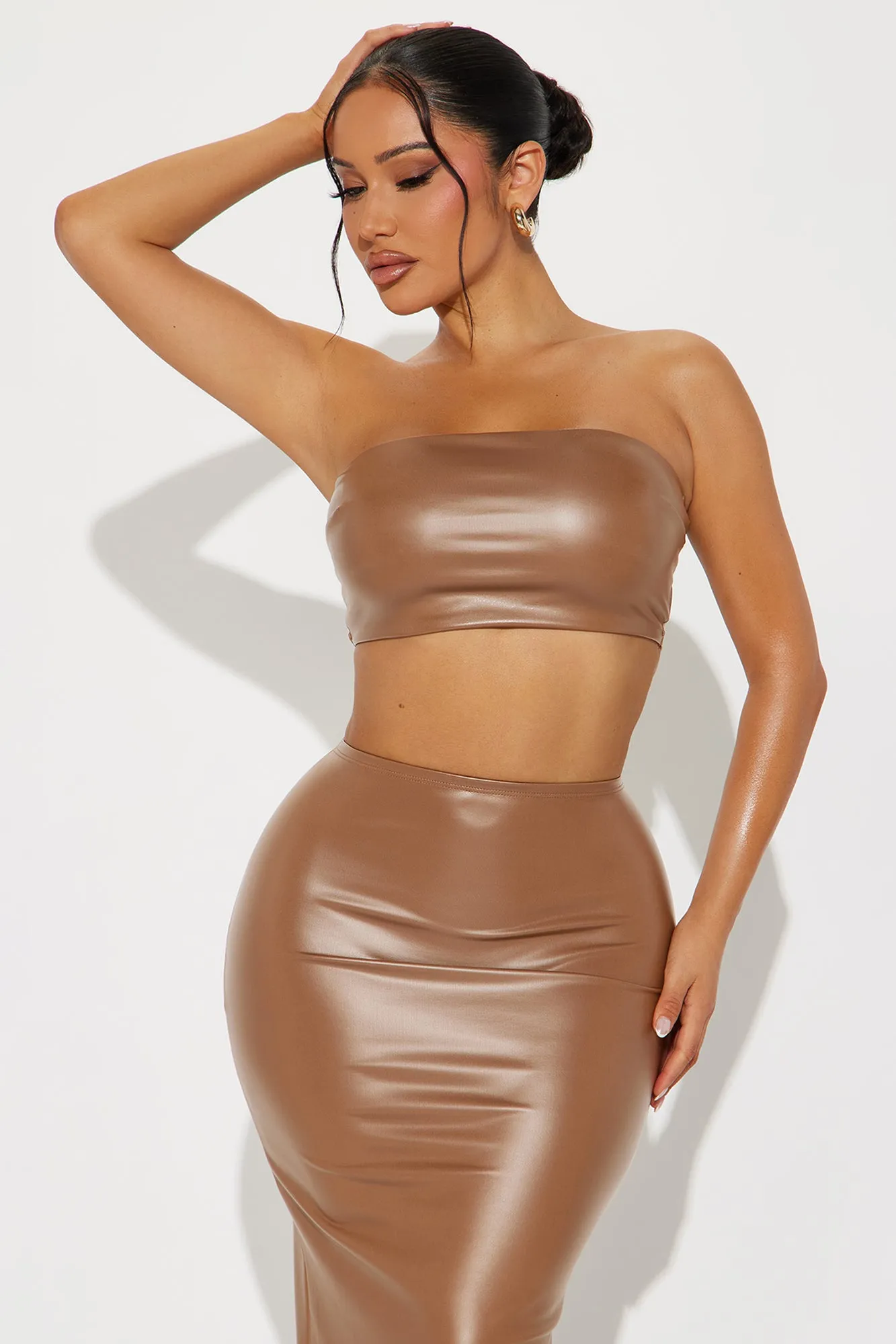 Another Time Faux Leather Skirt Set - Brown