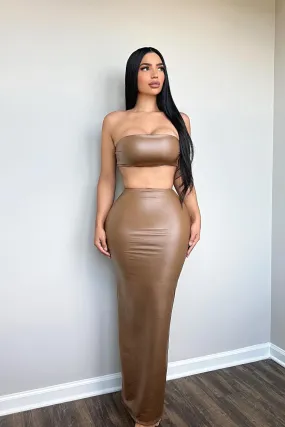 Another Time Faux Leather Skirt Set - Brown