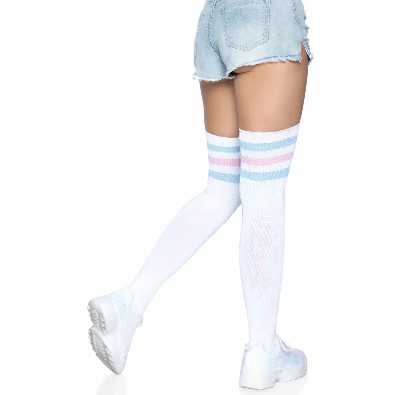 Athletic Style Top Stripe Thigh Highs White Pink Blue - Leg Avenue