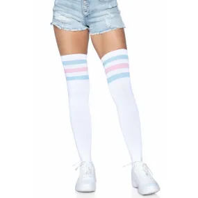 Athletic Style Top Stripe Thigh Highs White Pink Blue - Leg Avenue