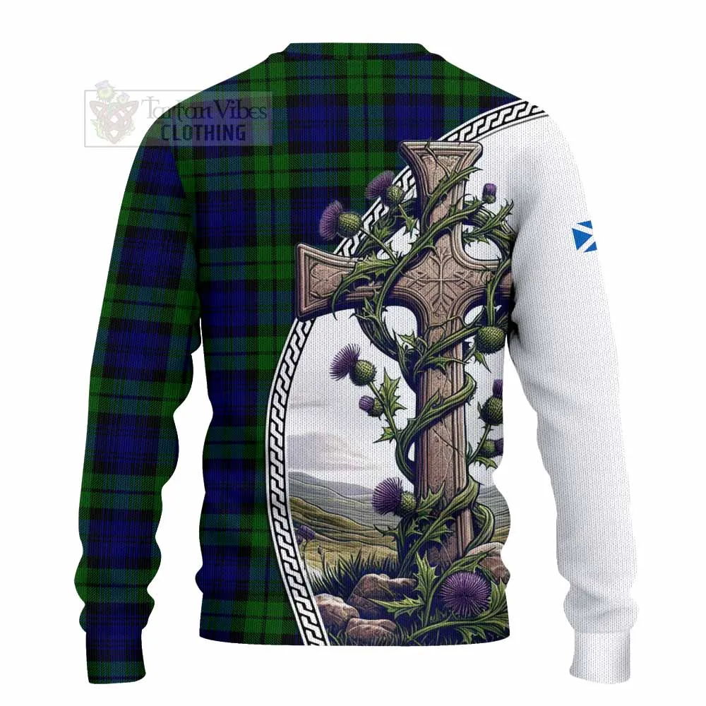 Bannatyne Tartan Knitted Sweater with Family Crest and St. Andrew's Cross Accented by Thistle Vines