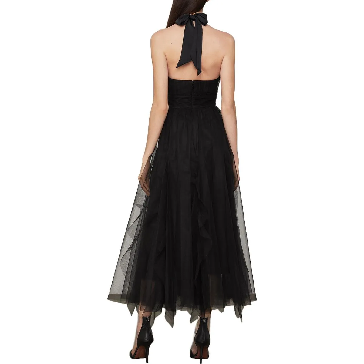 BCBG Max Azria Women's Tulle Tie-Neck Sleeveless A-Line Keyhole Gown