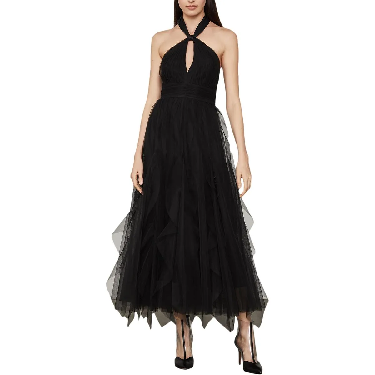 BCBG Max Azria Women's Tulle Tie-Neck Sleeveless A-Line Keyhole Gown