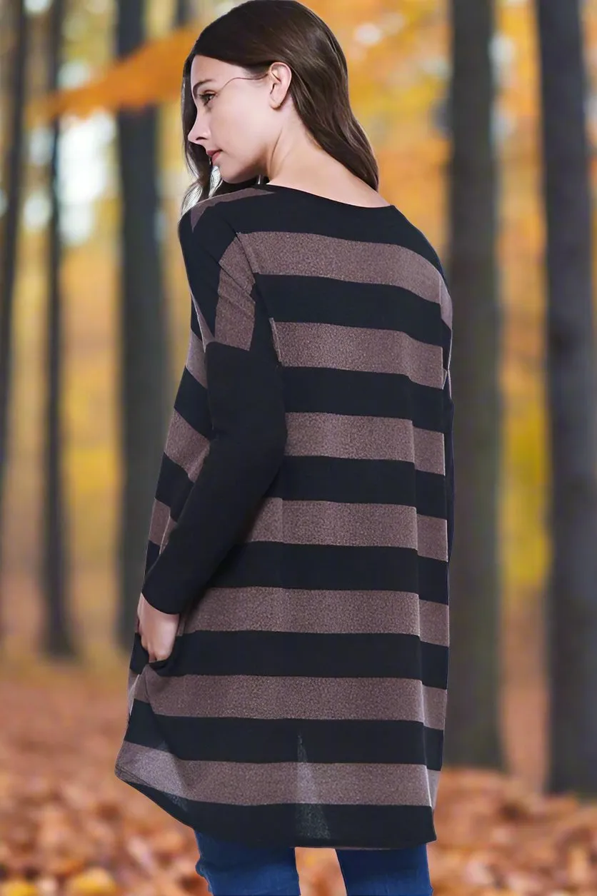 Beeson Hi Lo Stripe Tunic Top - Mocha/Black