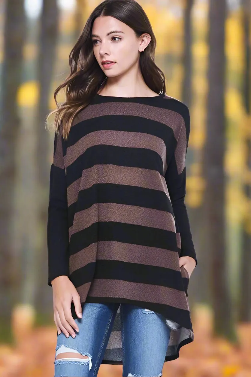 Beeson Hi Lo Stripe Tunic Top - Mocha/Black